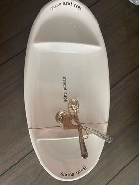 Mud Pie Cream Ceramic Divided Serving Platter - 'Guac and Roll' & Serving Spoons